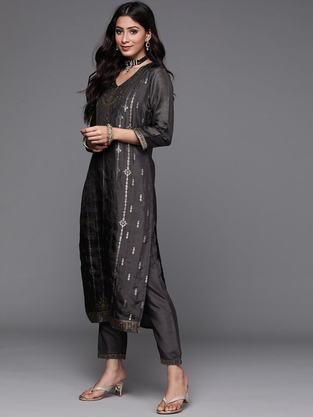 Charcoal Self Design Silk Suit Set