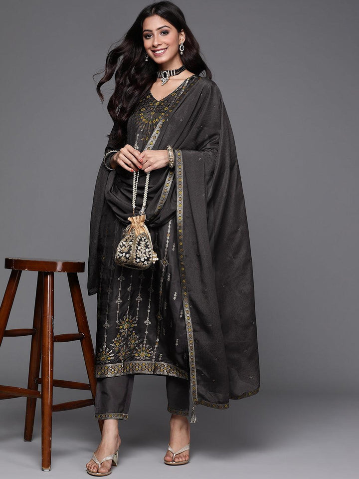 Charcoal Self Design Silk Suit Set - ShopLibas