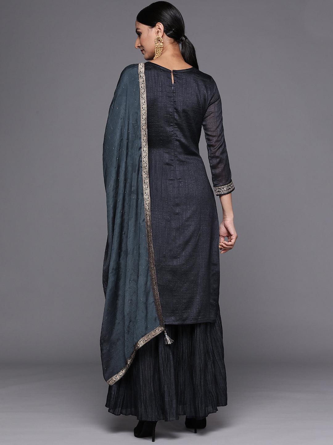 Charcoal Yoke Design Silk Blend Straight Suit Set - ShopLibas