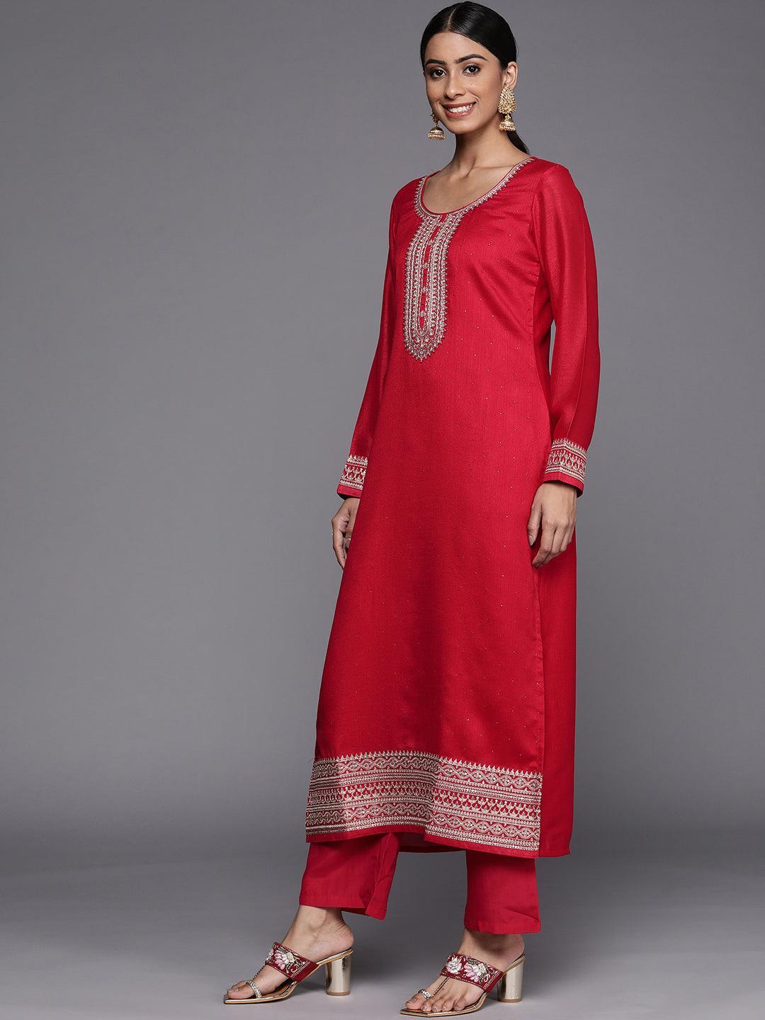 Coral Embroidered Silk Blend Straight Suit Set