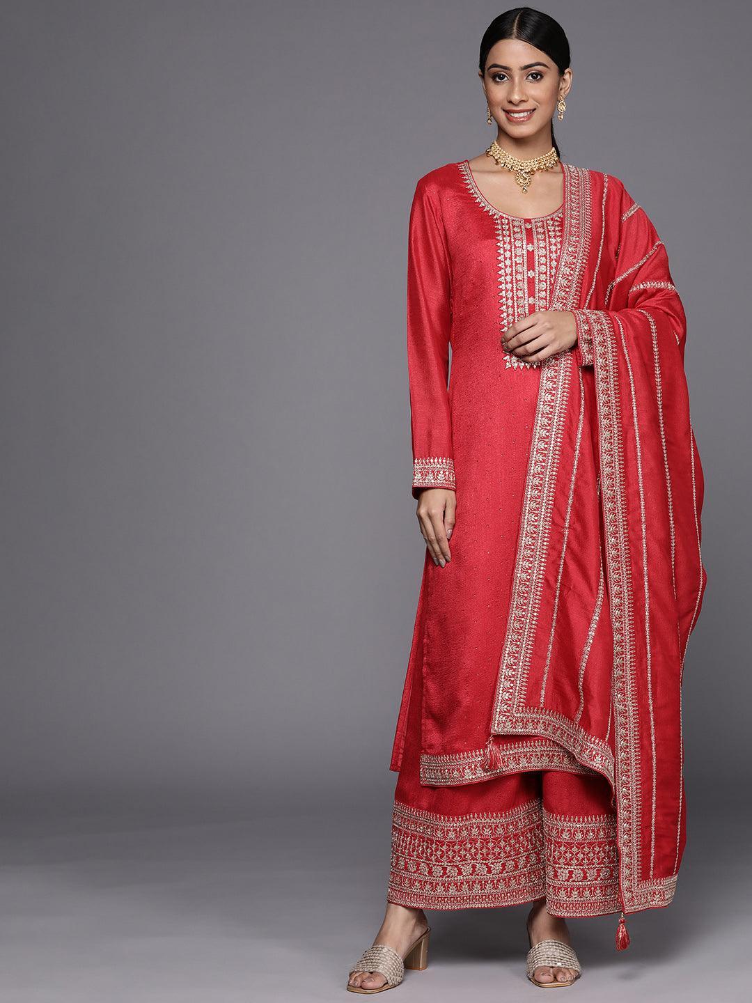 Coral Embroidered Silk Blend Straight Suit Set