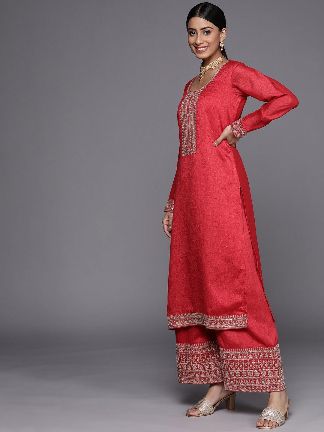 Coral Embroidered Silk Blend Straight Suit Set