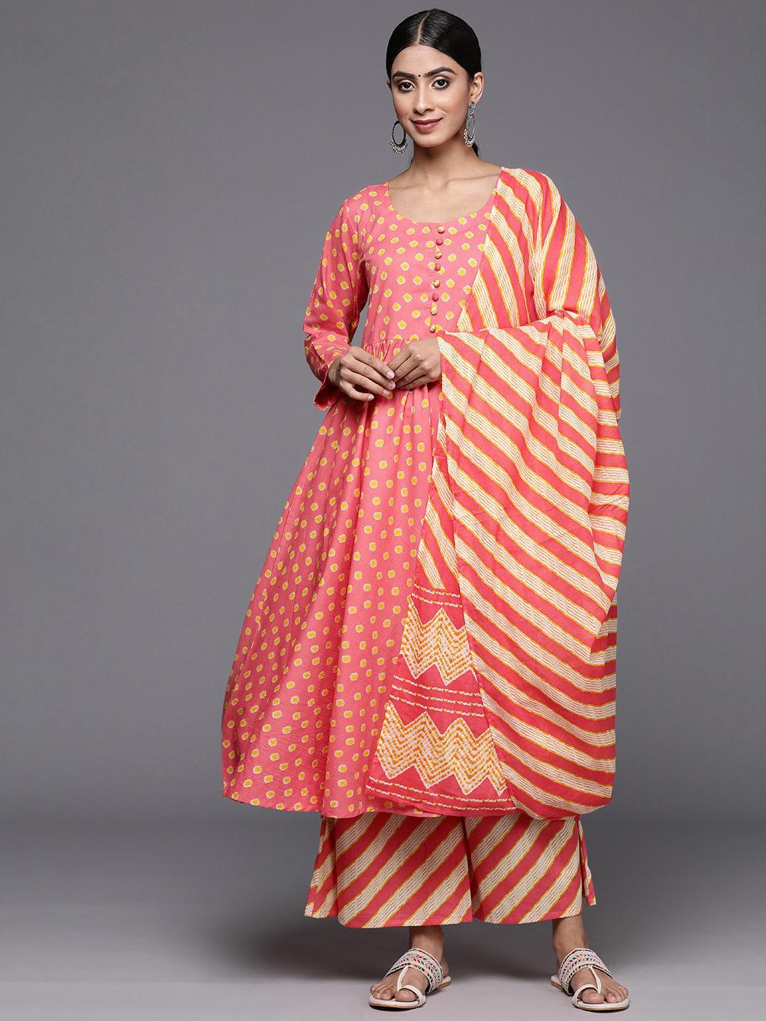 Coral Printed Cotton A-Line Kurta With Palazzos & Dupatta