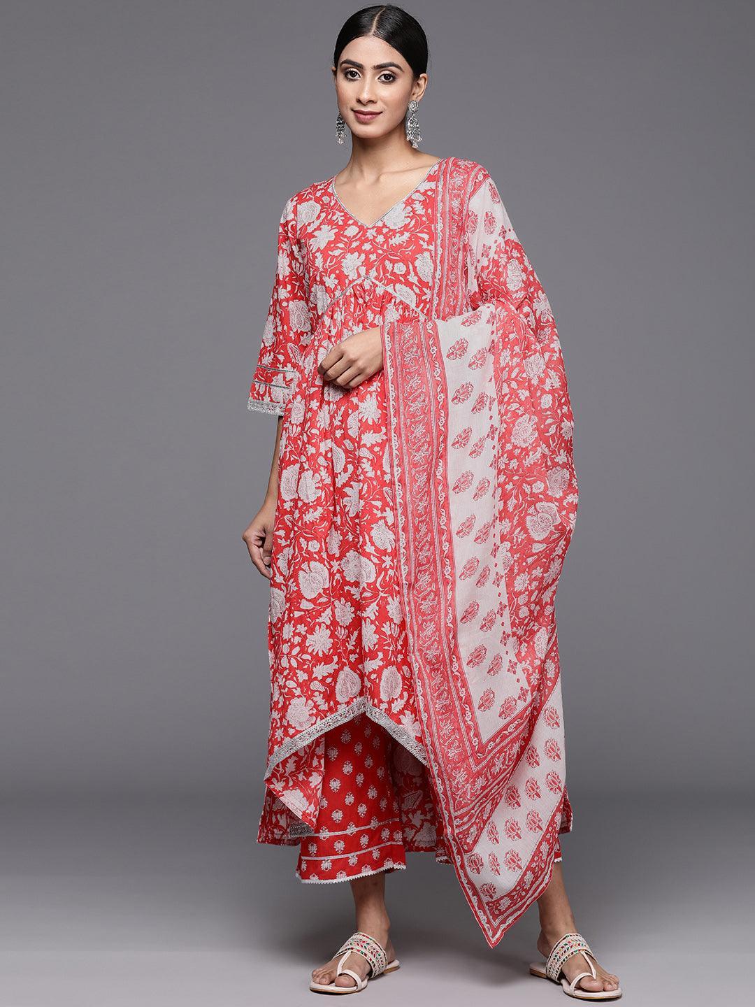 Coral Printed Cotton A-Line Kurta With Palazzos & Dupatta