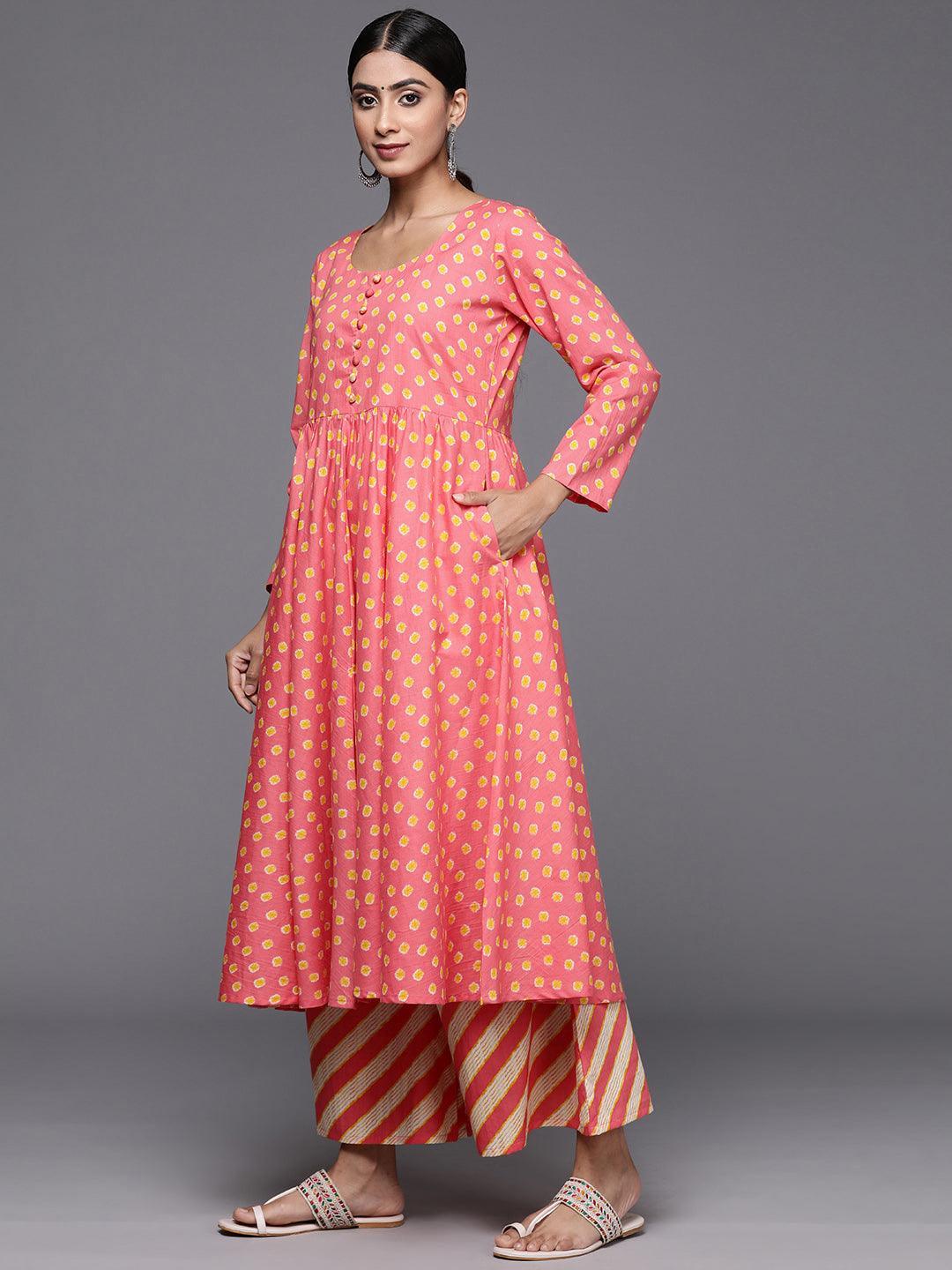 Coral Printed Cotton A-Line Kurta With Palazzos & Dupatta