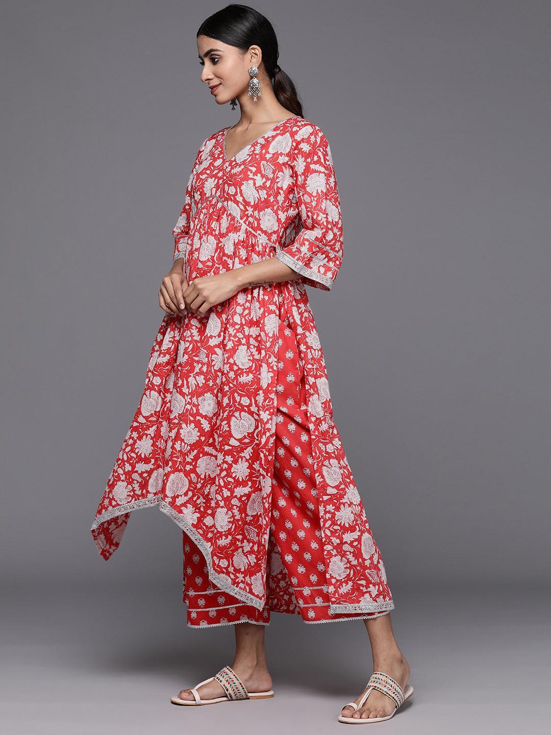 Coral Printed Cotton A-Line Kurta With Palazzos & Dupatta