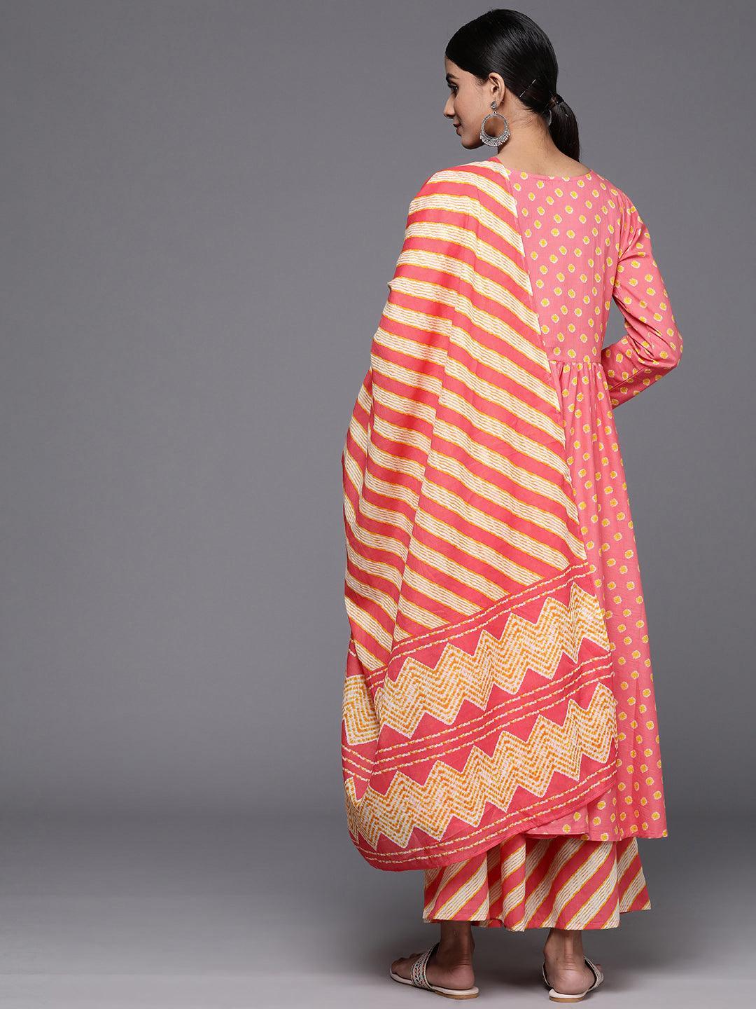 Coral Printed Cotton A-Line Kurta With Palazzos & Dupatta