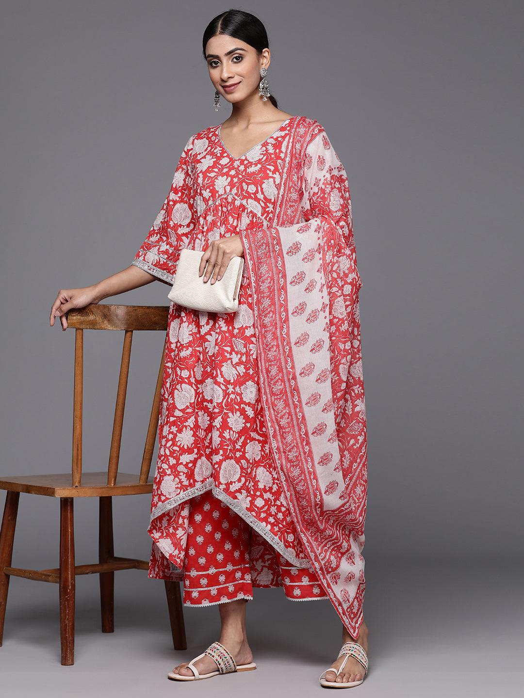 Coral Printed Cotton A-Line Kurta With Palazzos & Dupatta