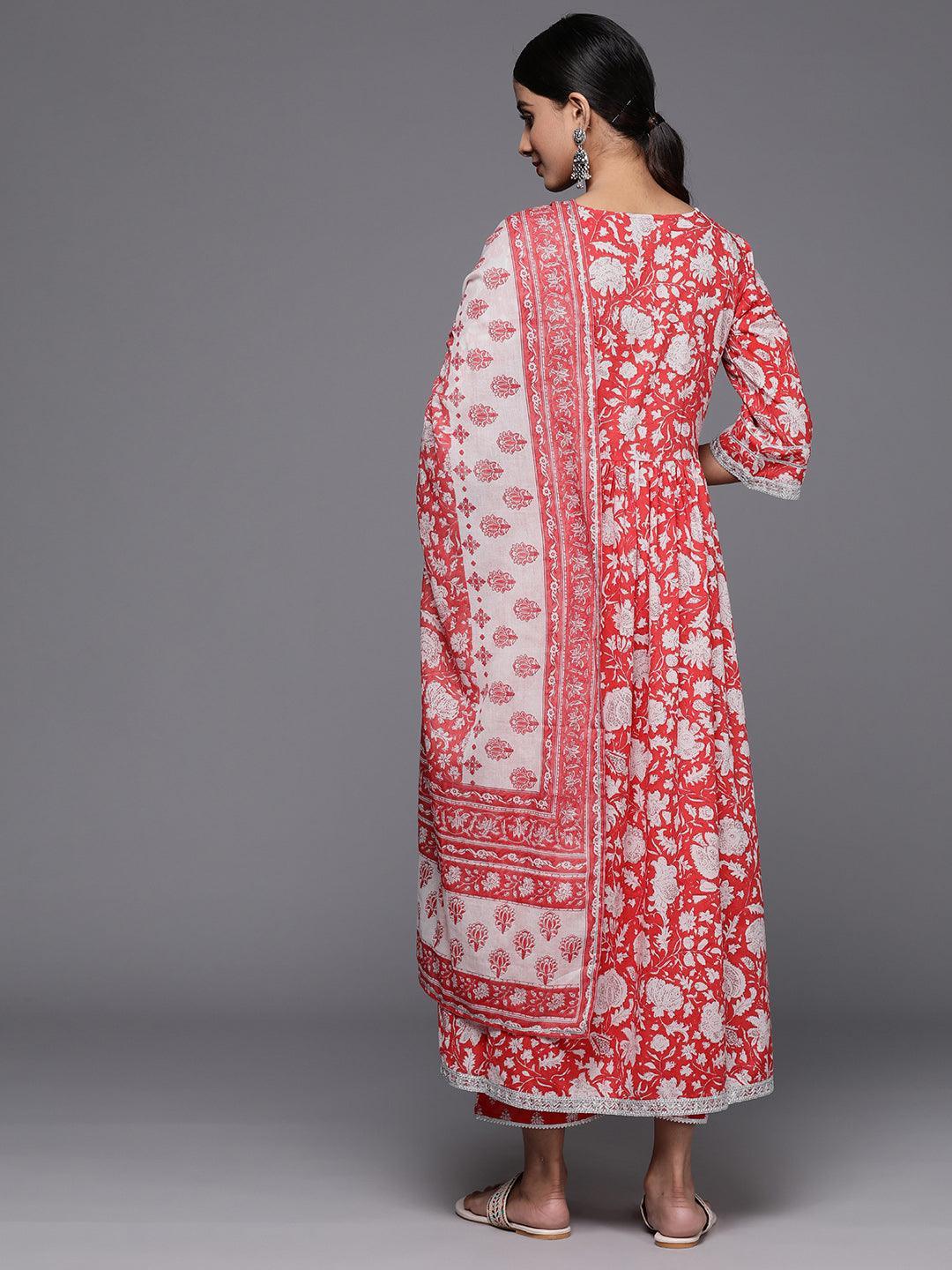 Coral Printed Cotton A-Line Kurta With Palazzos & Dupatta