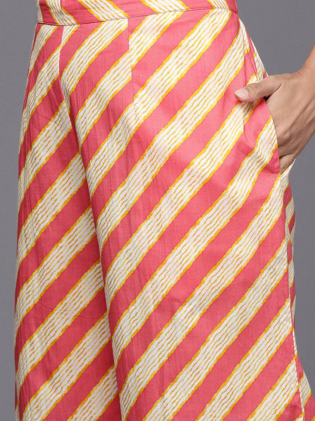 Coral Printed Cotton A-Line Kurta With Palazzos & Dupatta