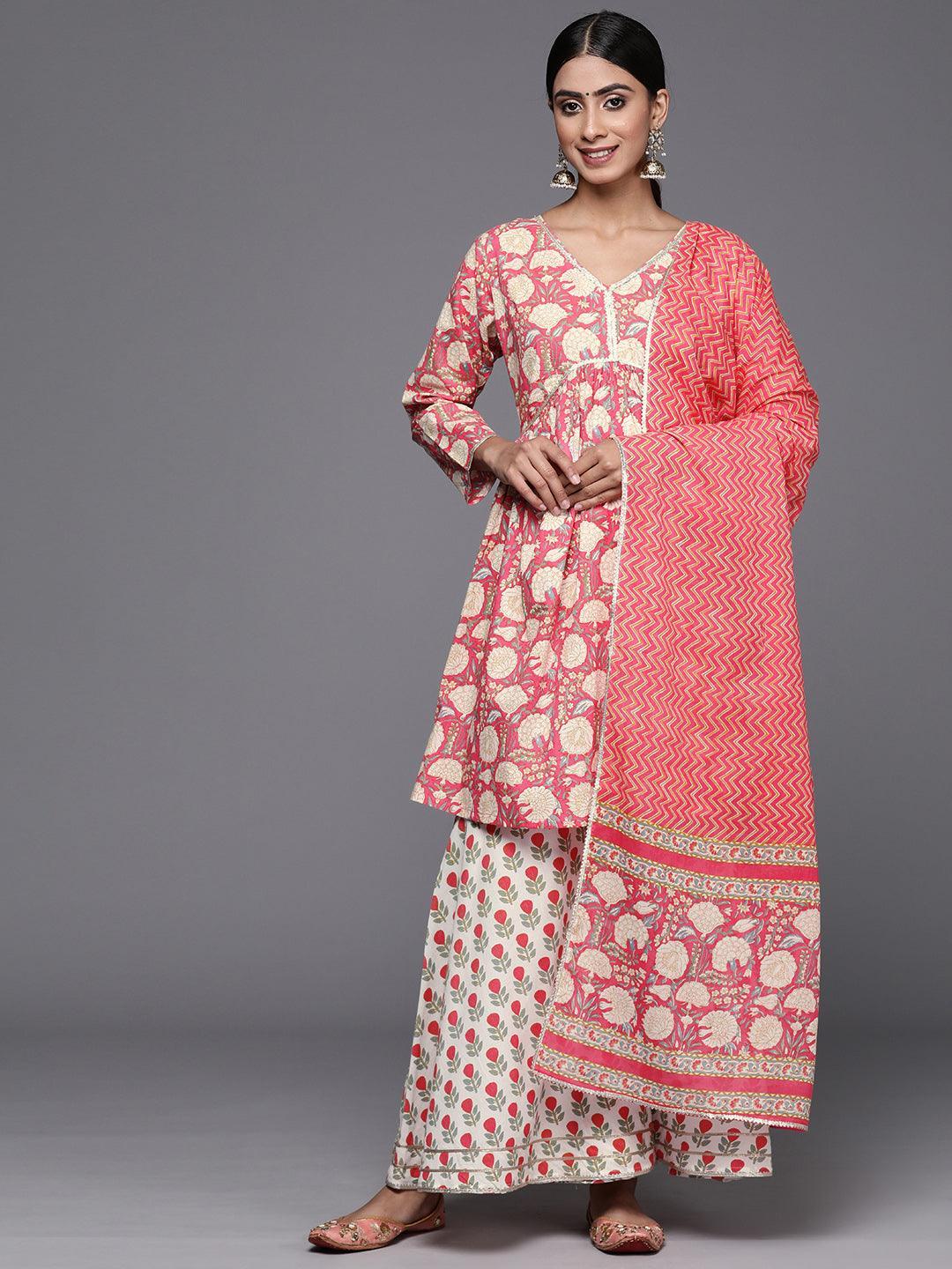 Coral Printed Cotton A-Line Kurti With Sharara & Dupatta