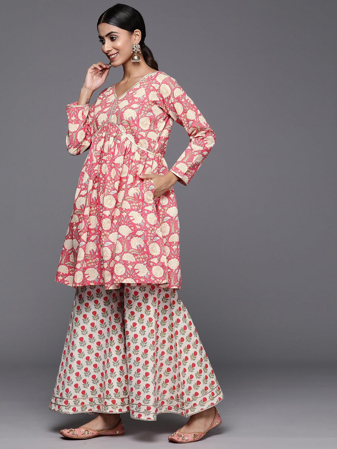 Coral Printed Cotton A-Line Kurti With Sharara & Dupatta