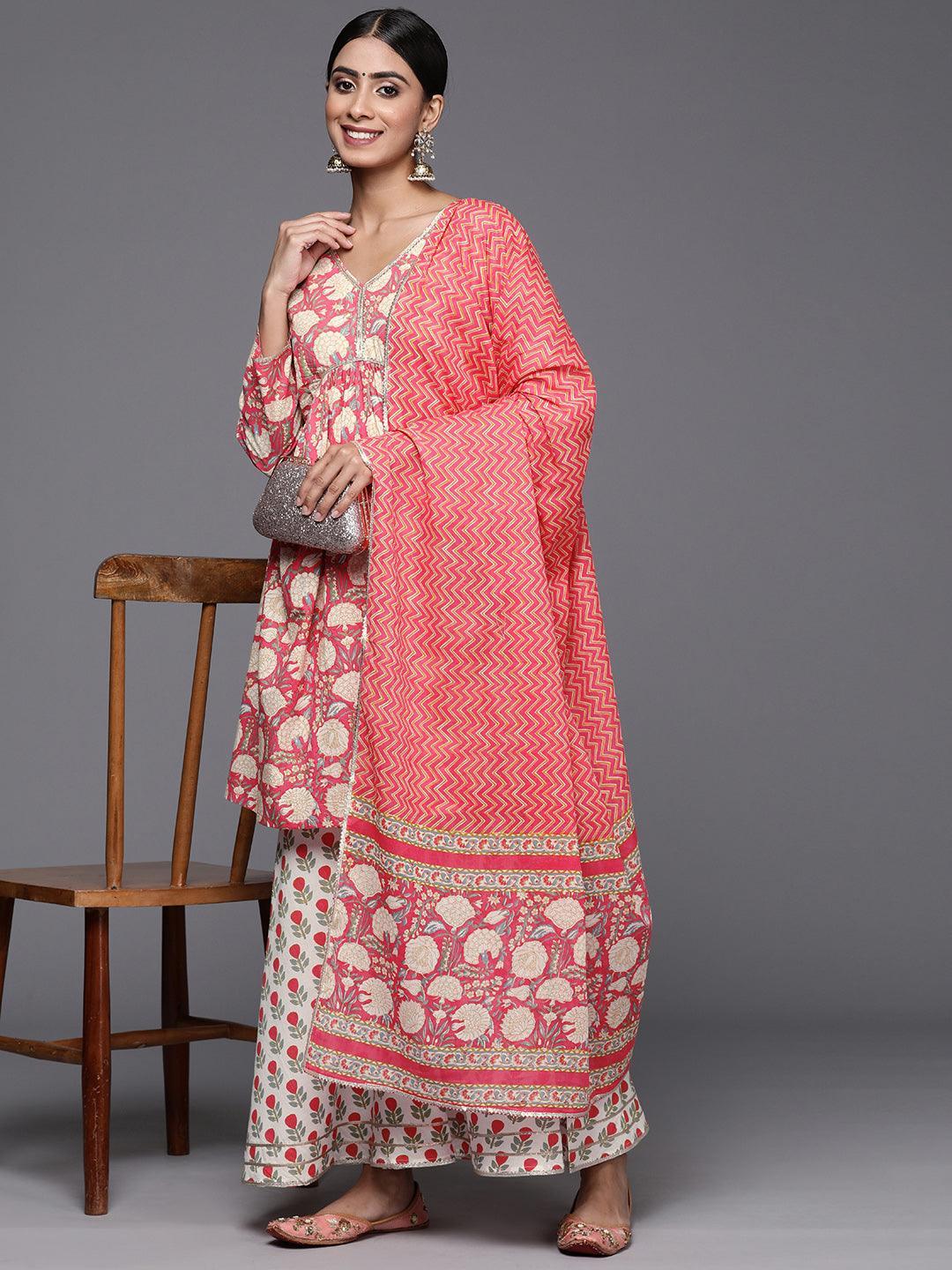 Coral Printed Cotton A-Line Kurti With Sharara & Dupatta