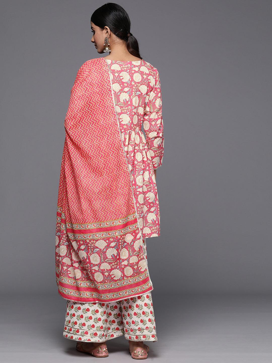 Coral Printed Cotton A-Line Kurti With Sharara & Dupatta