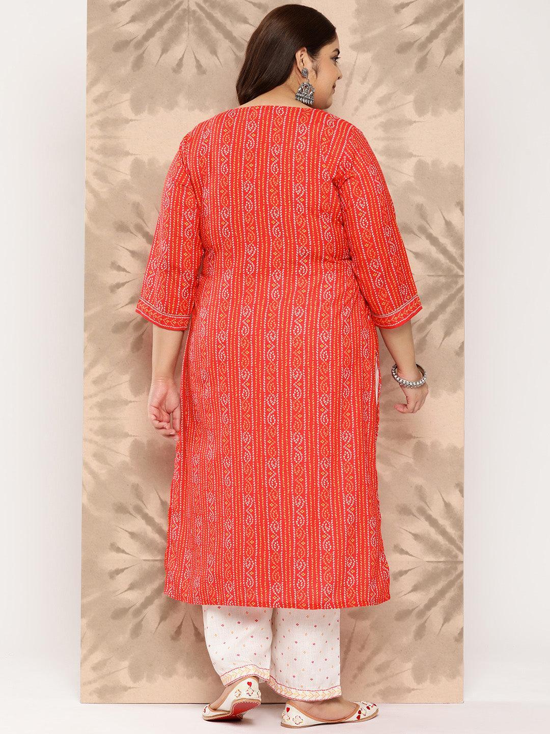 Coral Printed Cotton Blend Straight Kurta With Trousers