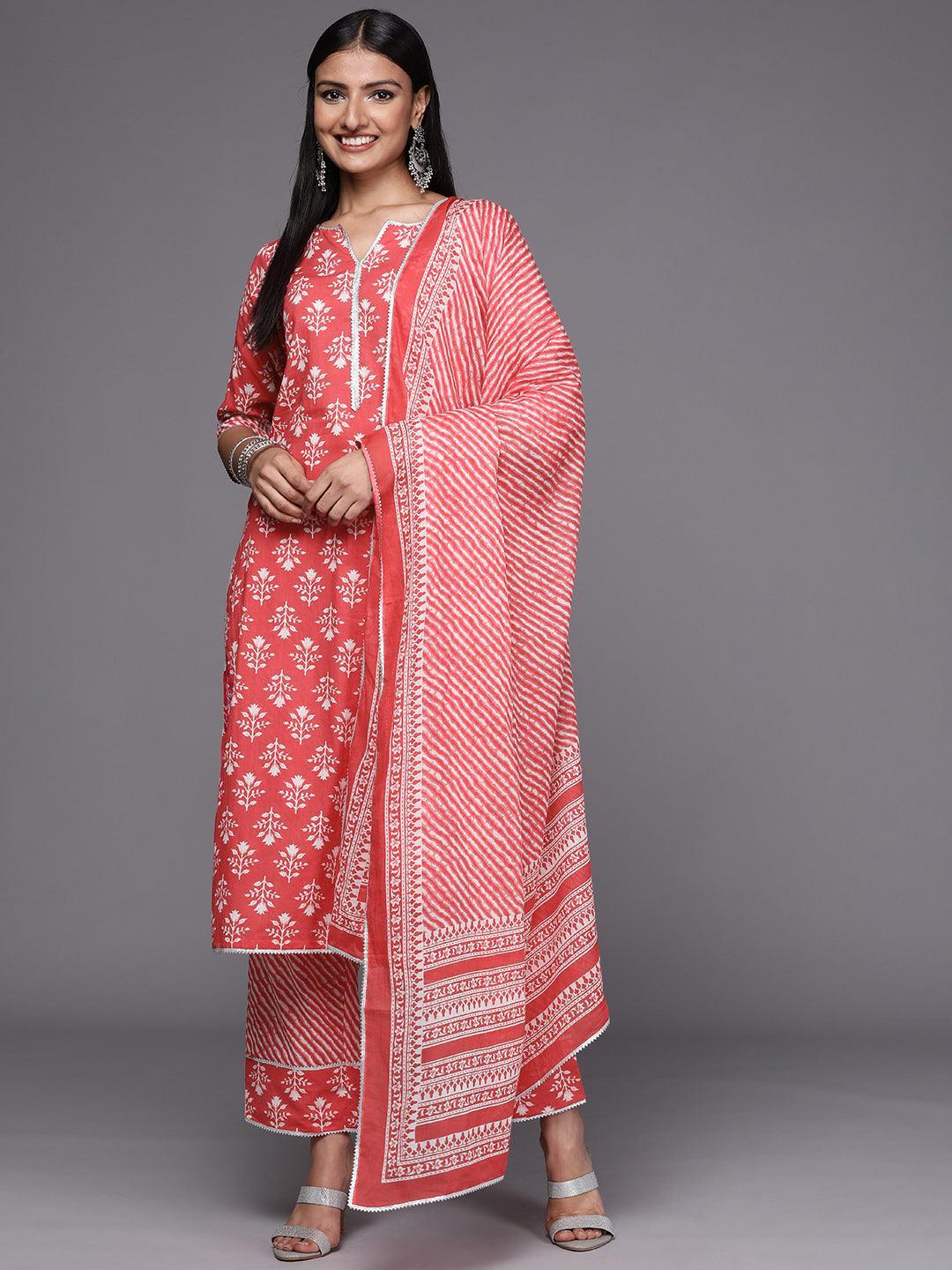 Coral Printed Cotton Straight Suit Set