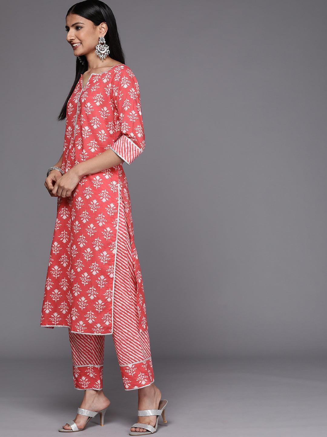 Coral Printed Cotton Straight Suit Set