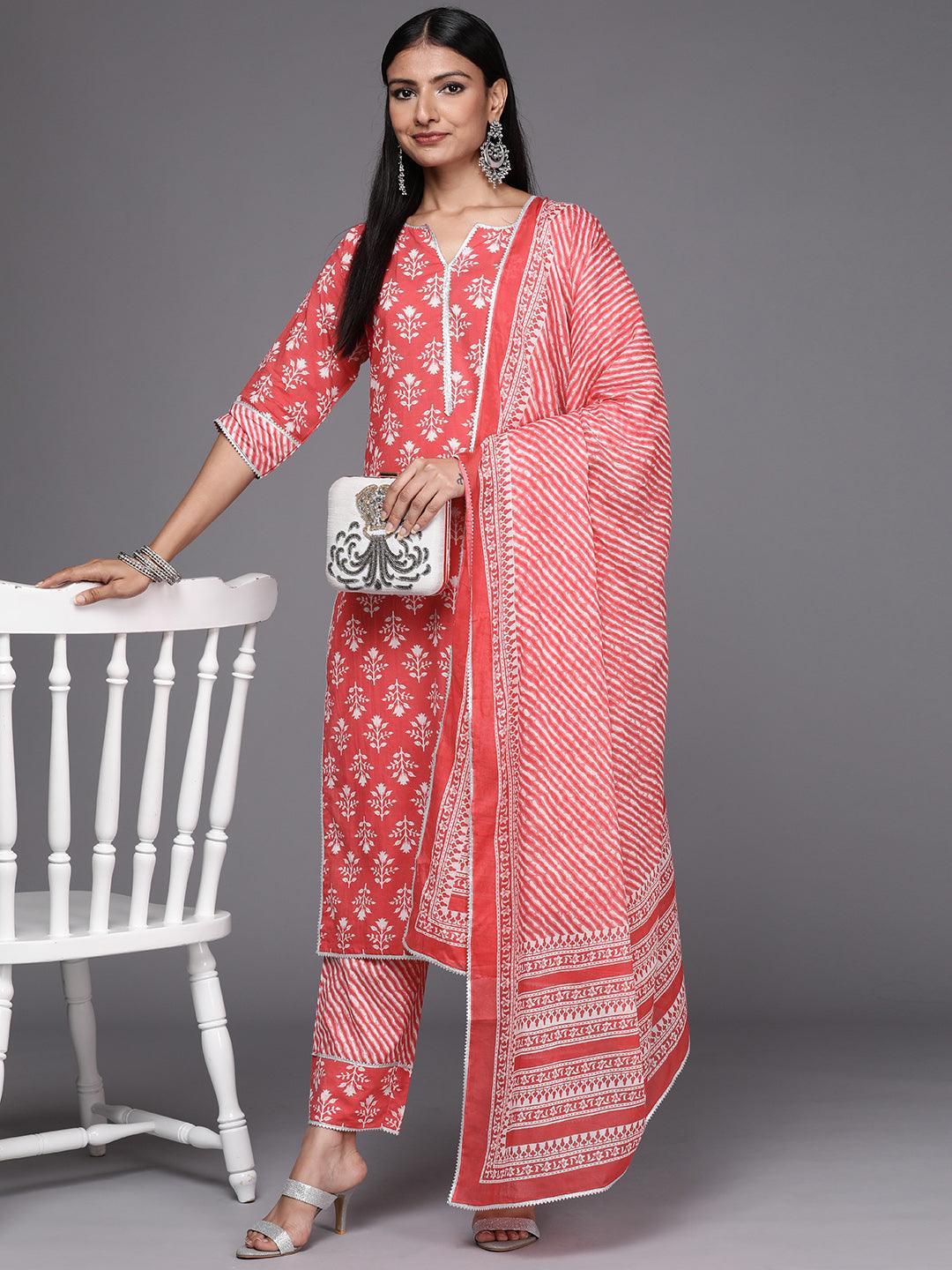 Coral Printed Cotton Straight Suit Set