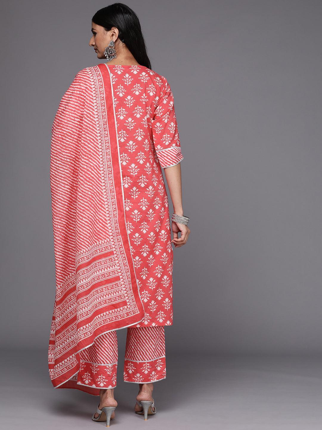 Coral Printed Cotton Straight Suit Set