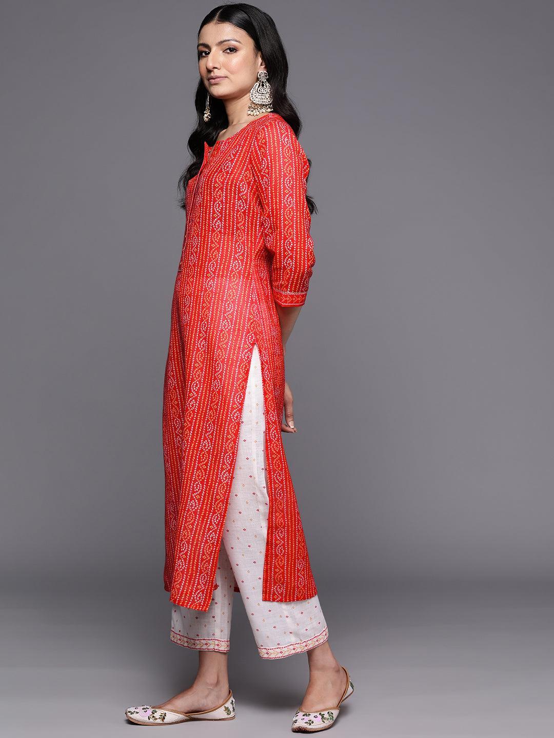 Coral Printed Cotton Straight Kurta Set With Trousers