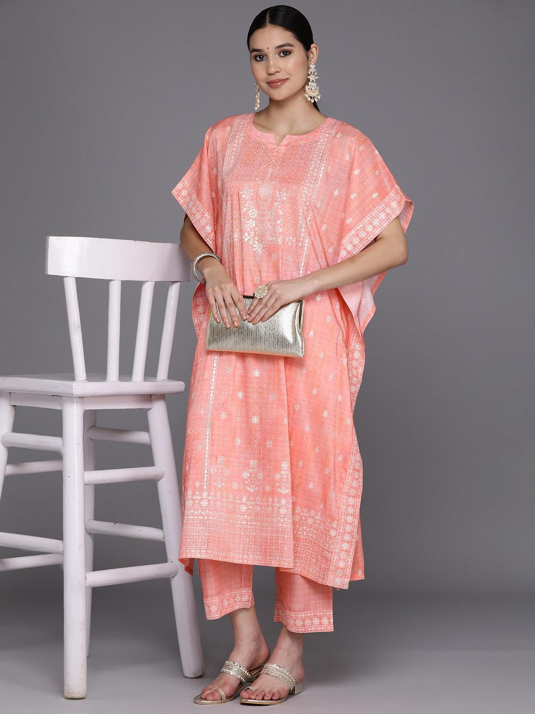 Coral Printed Silk Blend Kaftan Kaftan With Trousers