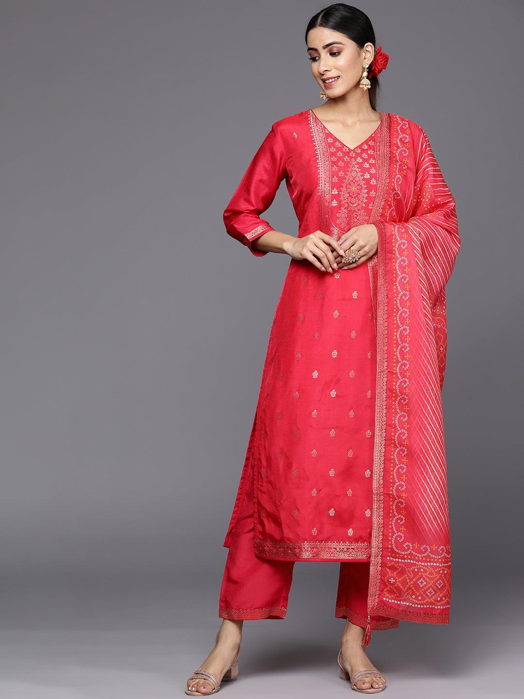 Coral Self Design Silk Blend Straight Suit Set With Trousers