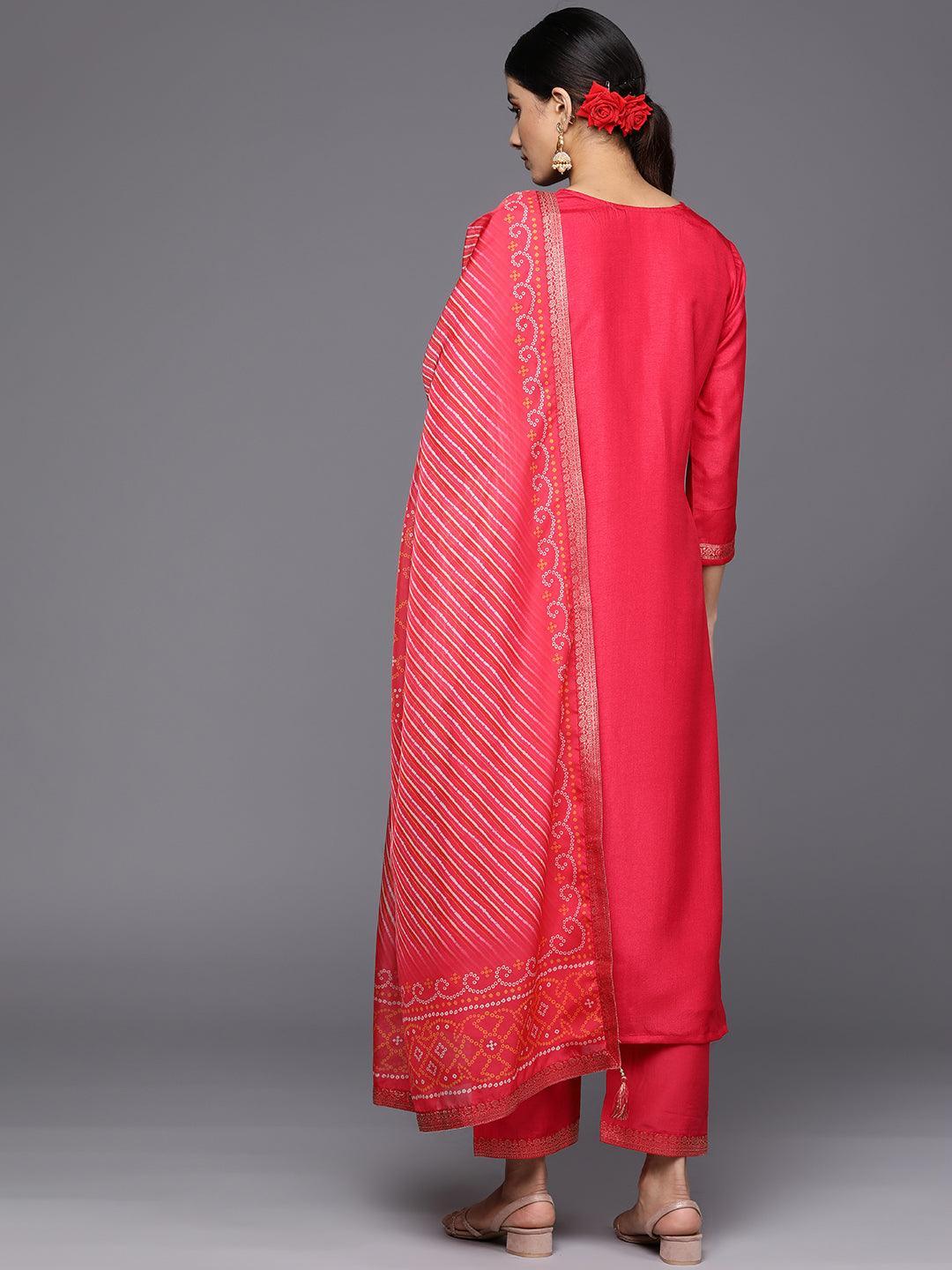 Coral Self Design Silk Blend Straight Suit Set With Trousers