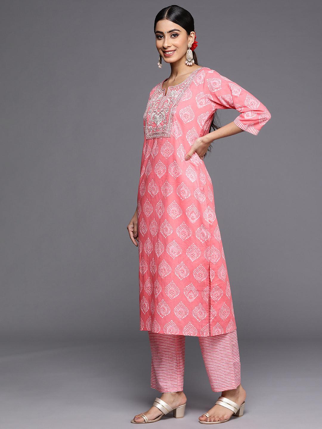 Coral Yoke Design Cotton Straight Suit Set With Trousers