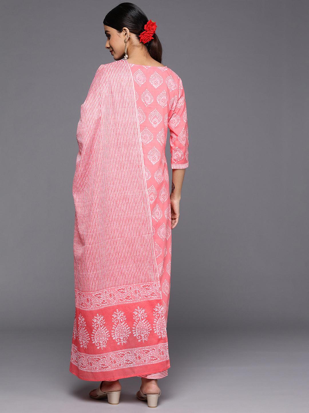 Coral Yoke Design Cotton Straight Suit Set With Trousers