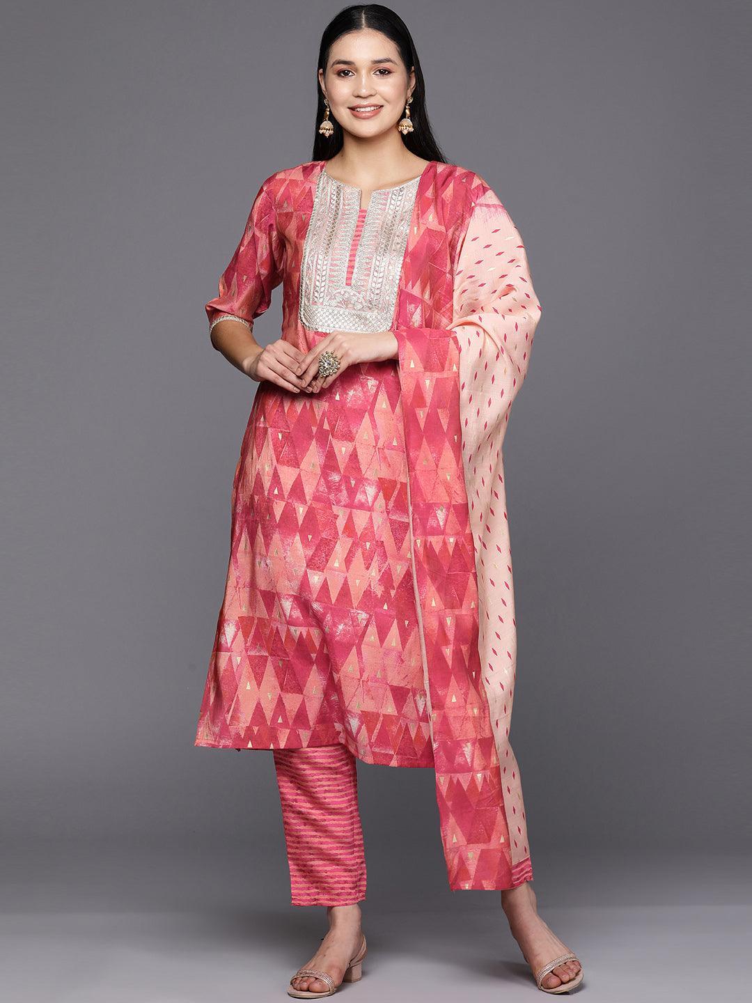 Coral Yoke Design Silk Blend Straight Suit Set With Trousers