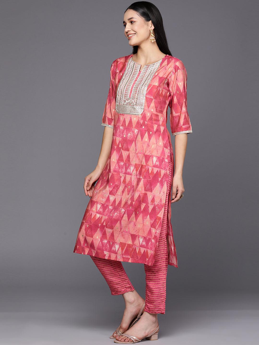 Coral Yoke Design Silk Blend Straight Suit Set With Trousers