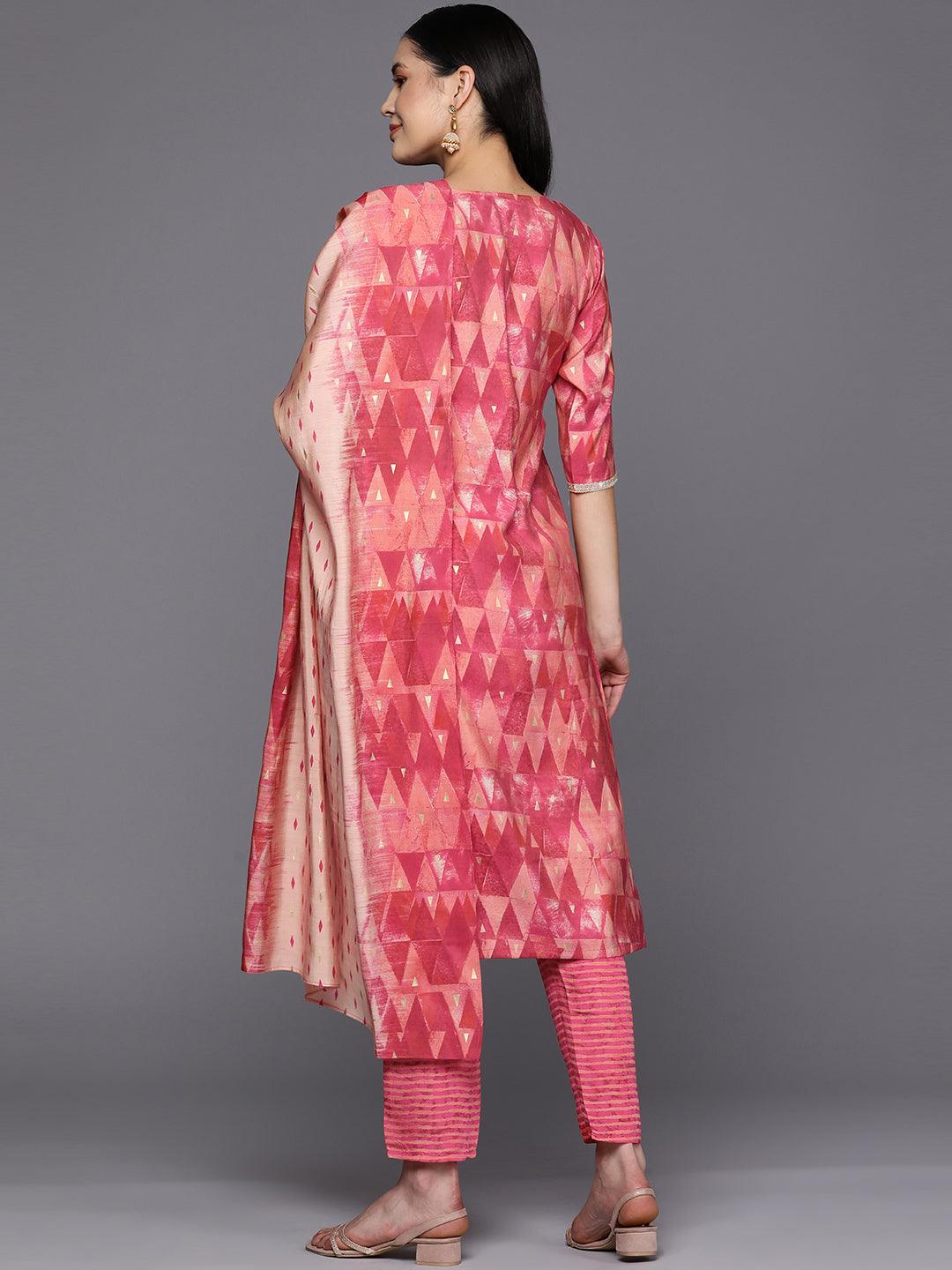 Coral Yoke Design Silk Blend Straight Suit Set With Trousers