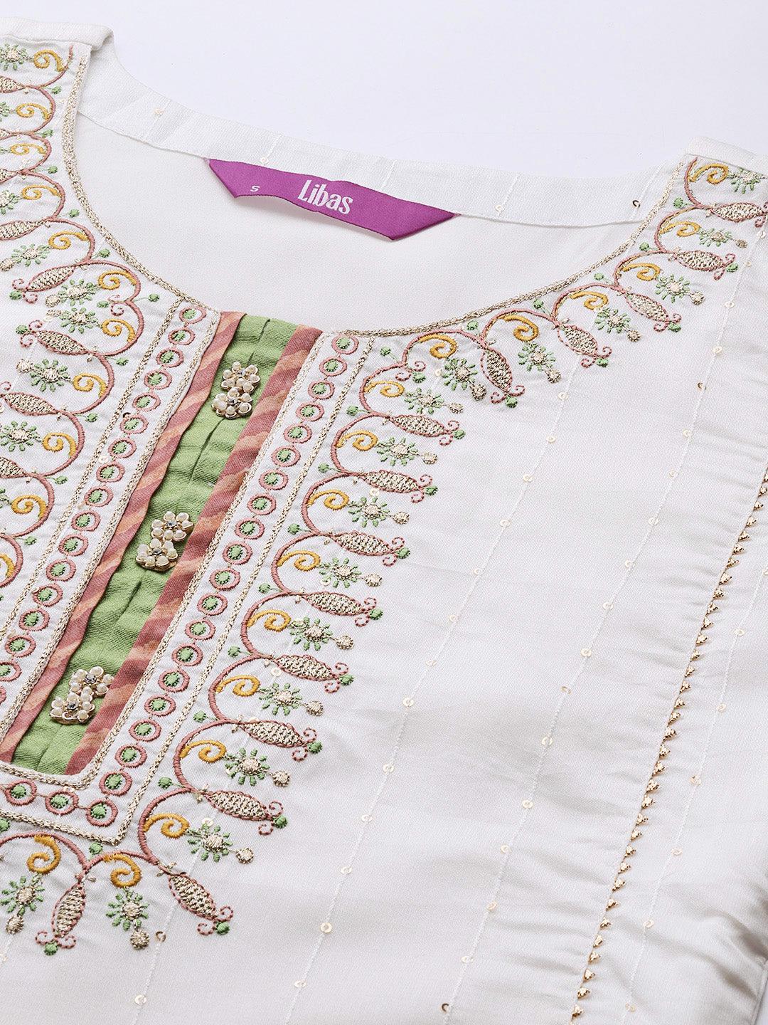 Cream Embroidered Chanderi Silk Straight Suit Set