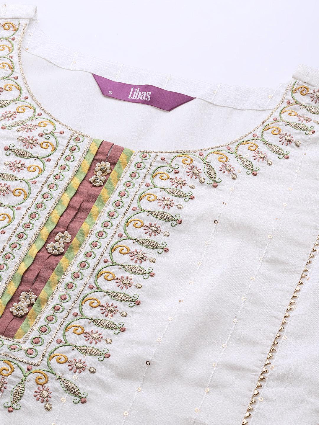 Cream Embroidered Chanderi Silk Straight Suit Set