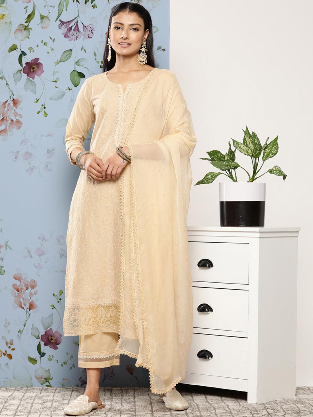 Cream Embroidered Cotton Suit Set With Trousers