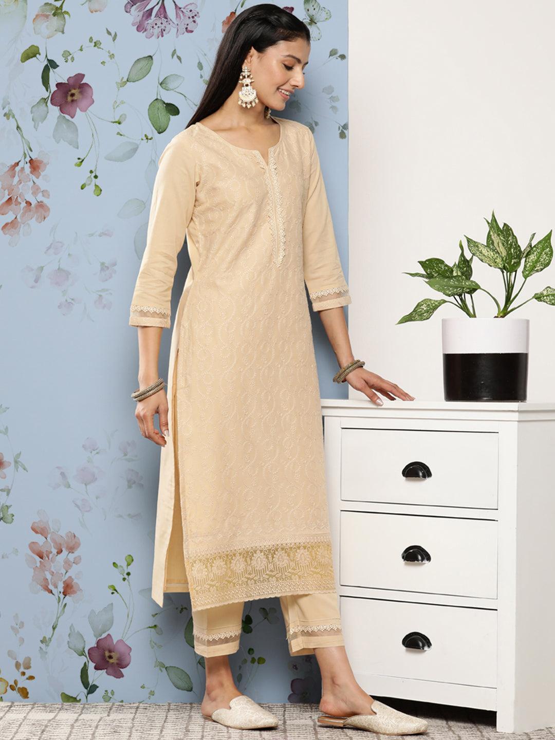 Cream Embroidered Cotton Suit Set With Trousers