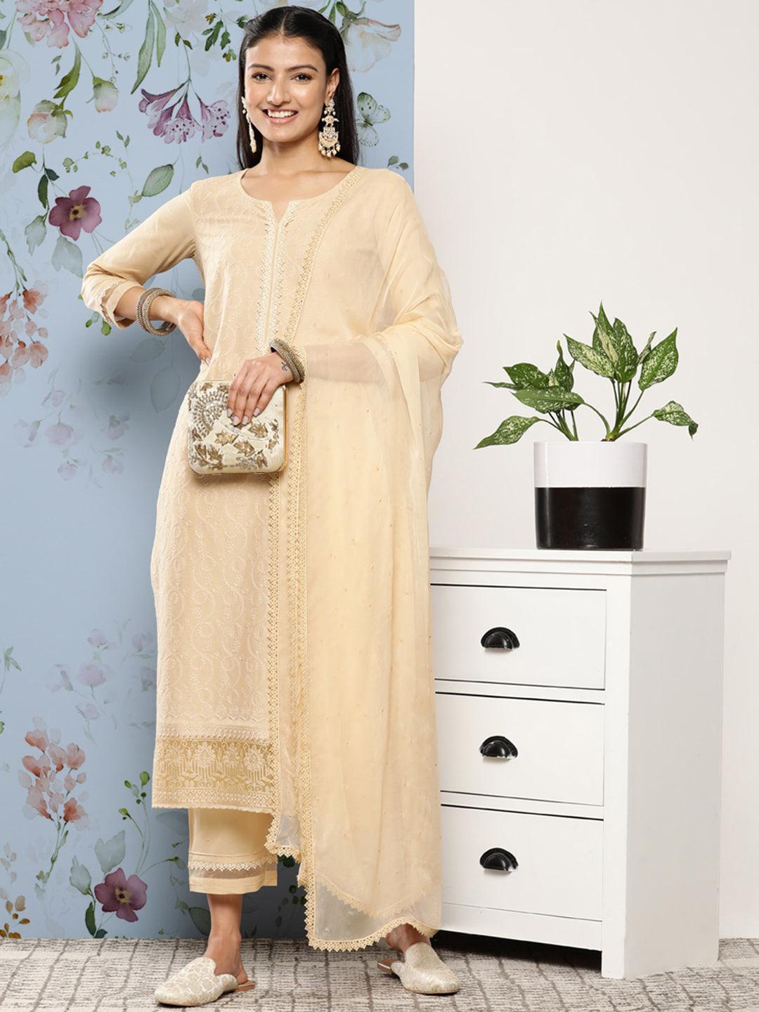 Cream Embroidered Cotton Suit Set With Trousers