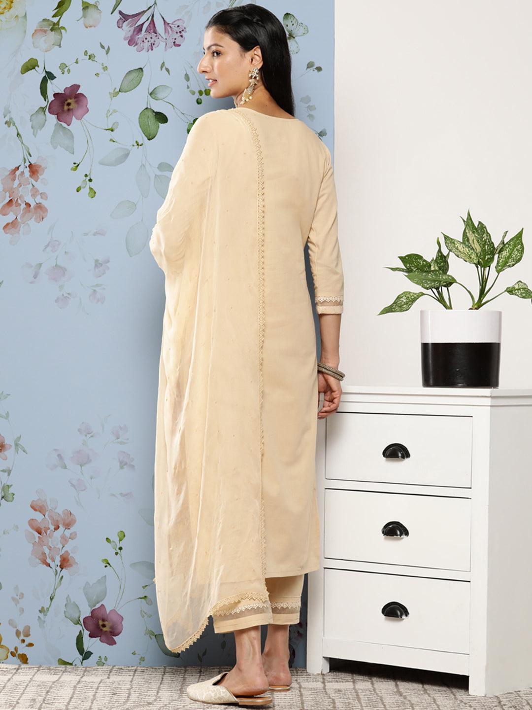 Cream Embroidered Cotton Suit Set With Trousers