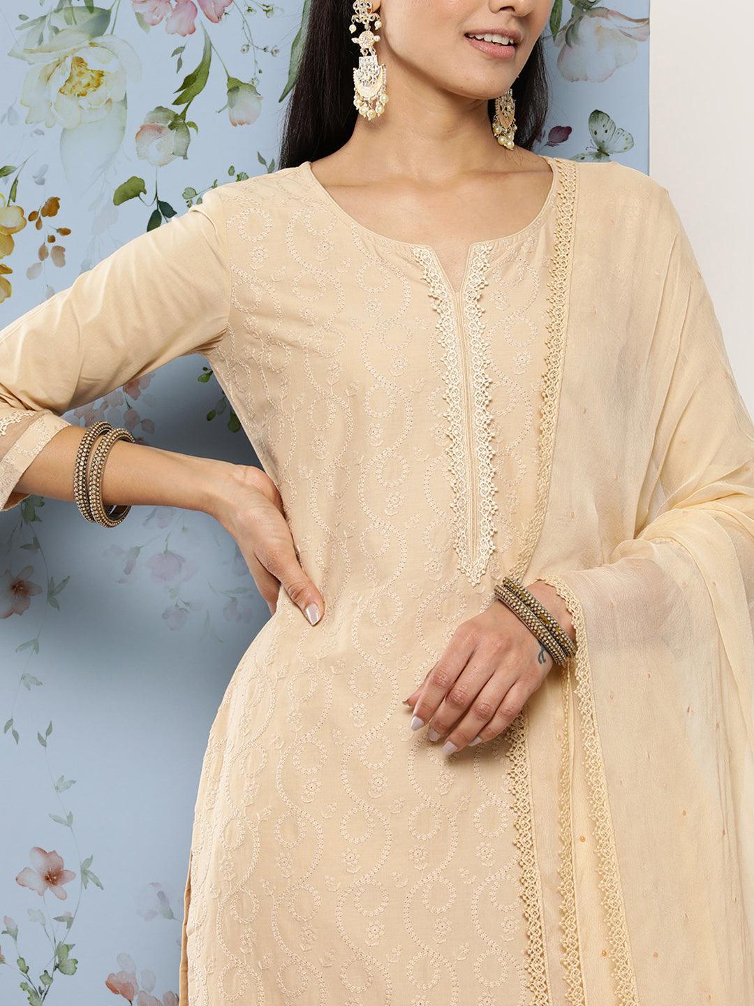 Cream Embroidered Cotton Suit Set With Trousers