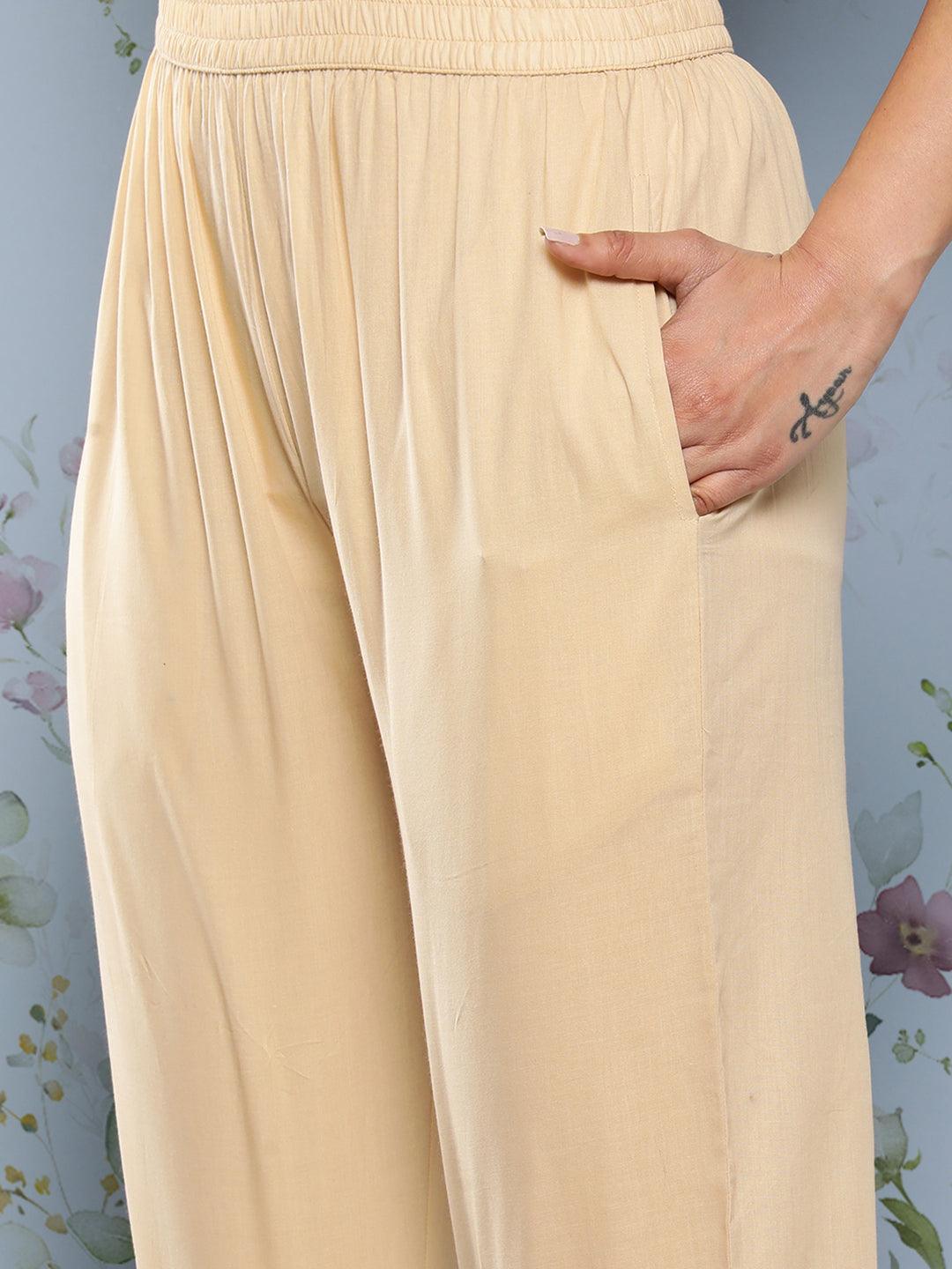 Cream Embroidered Cotton Suit Set With Trousers