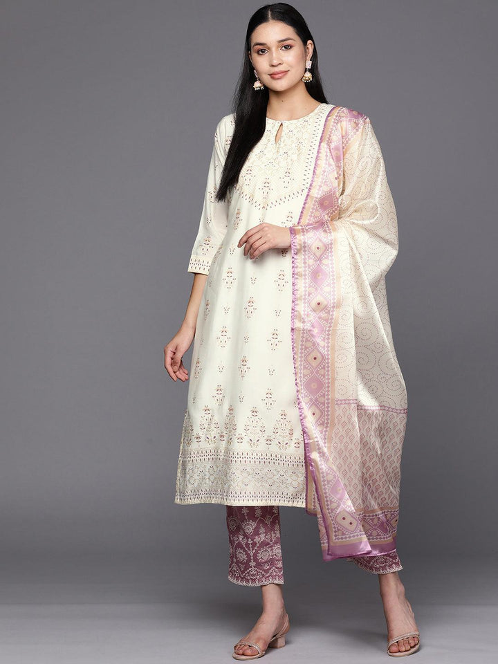 Cream Printed Chanderi Silk Straight Suit Set With Trousers - ShopLibas