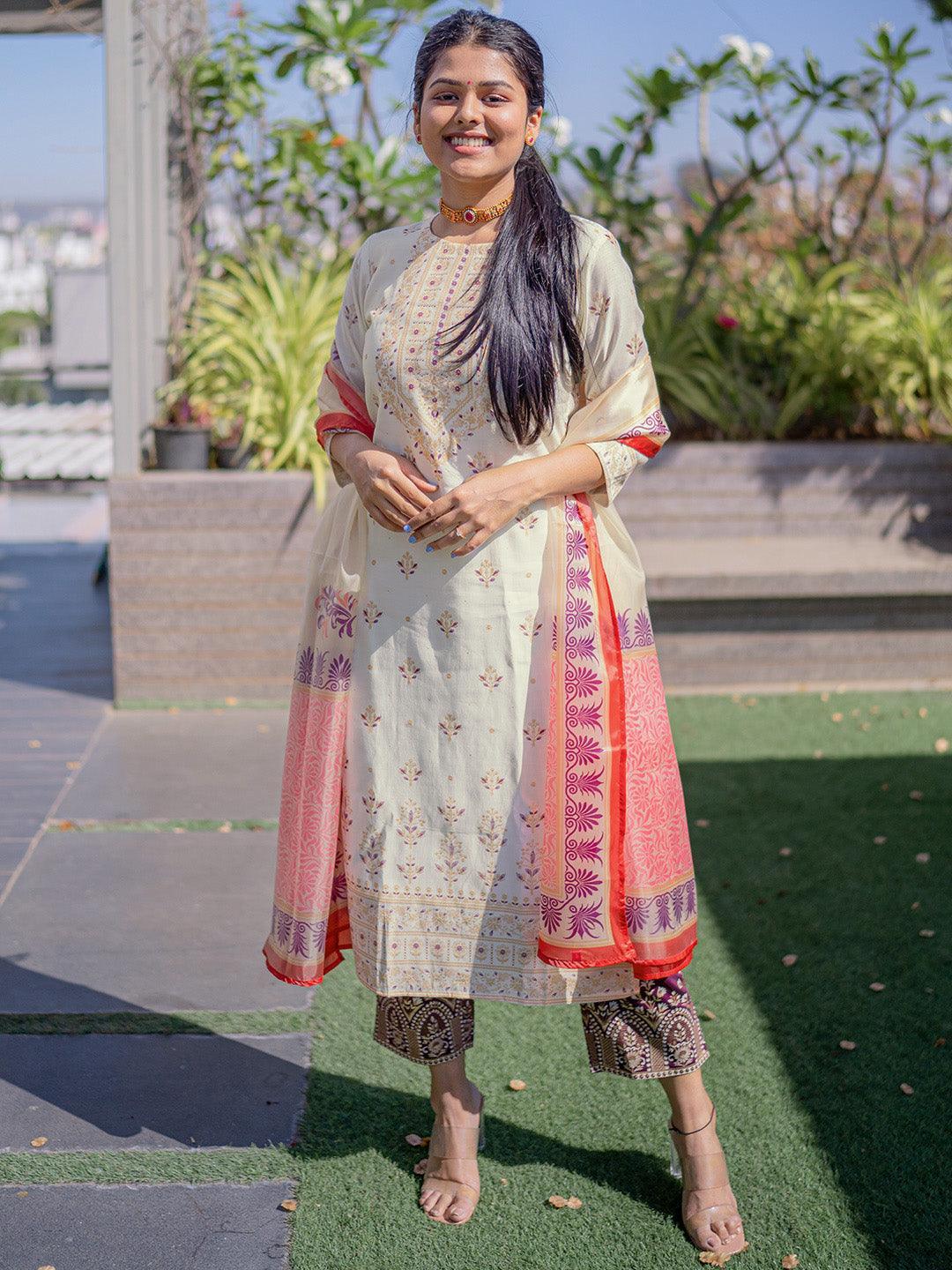 Cream Printed Chanderi Silk Straight Suit Set With Trousers