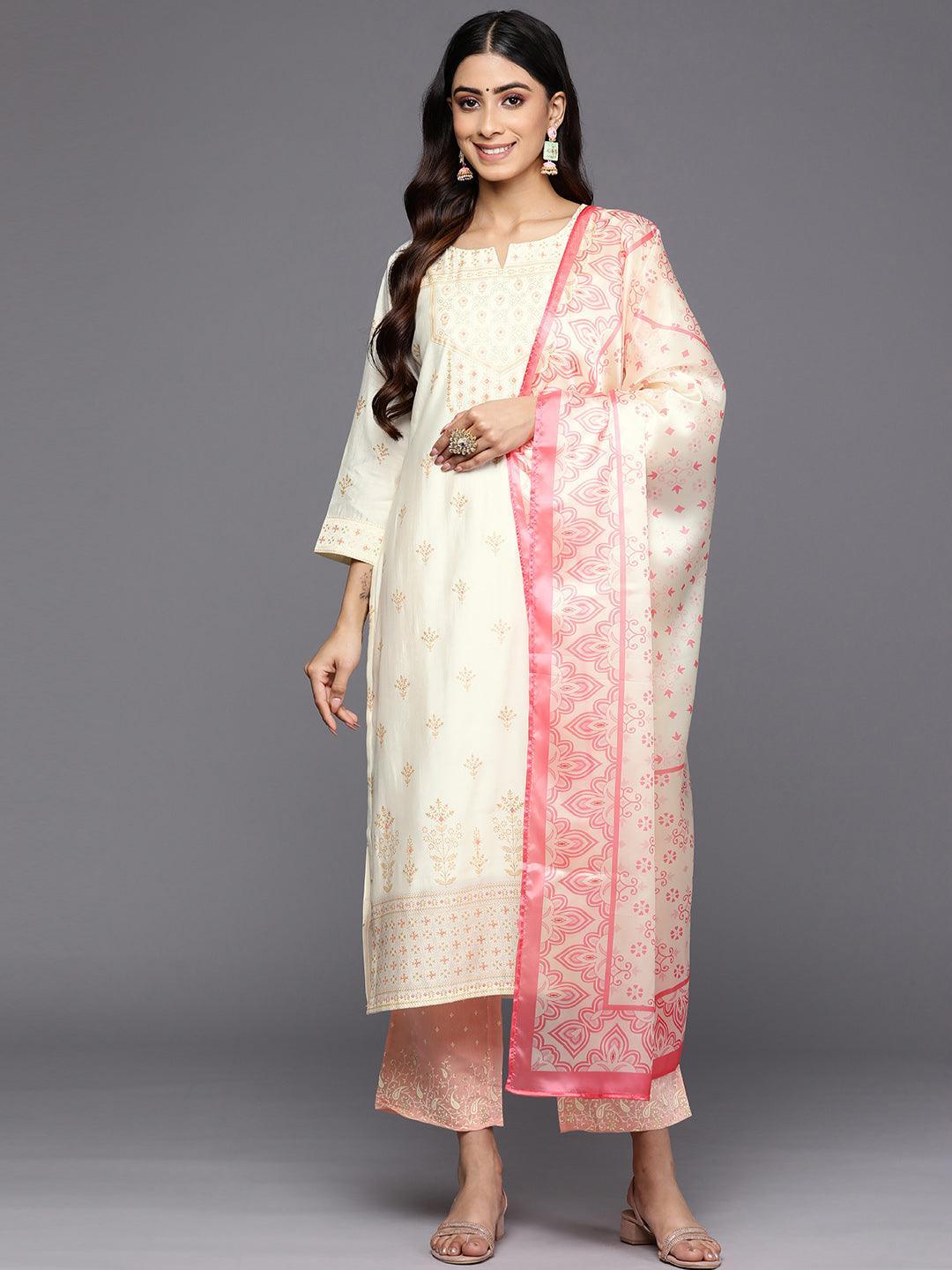 Cream Printed Chanderi Silk Straight Suit Set With Trousers