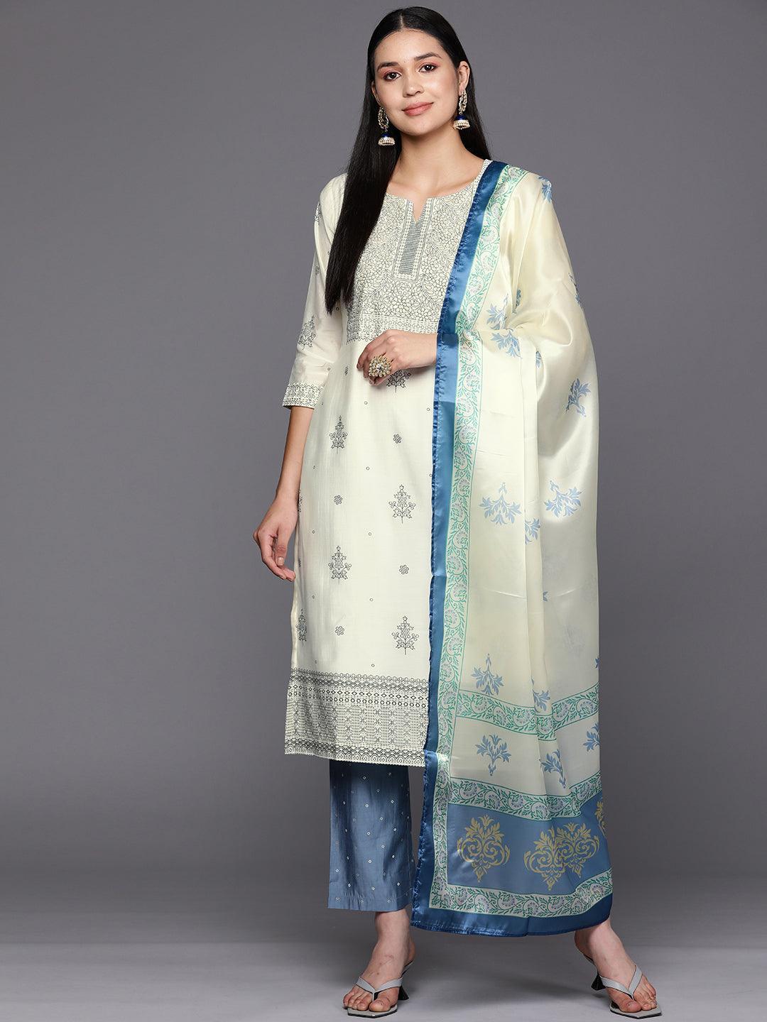 Cream Printed Chanderi Silk Straight Suit Set With Trousers - ShopLibas