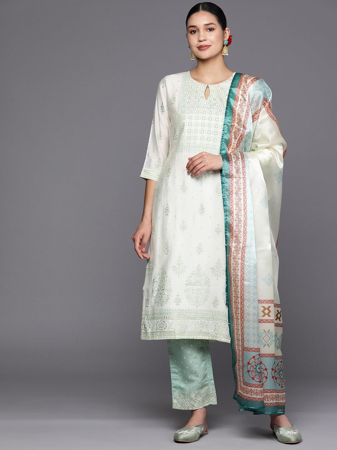 Cream Printed Chanderi Silk Straight Suit Set With Trousers