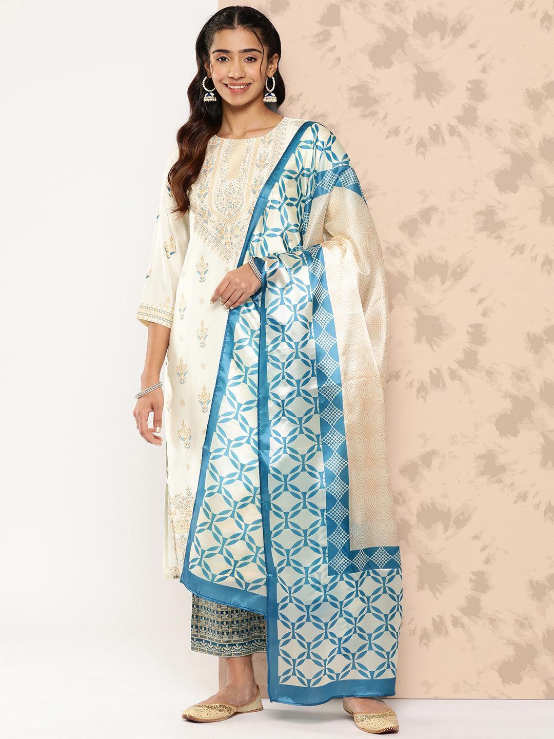 Cream Printed Chanderi Silk Straight Kurta With Trousers and Dupatta