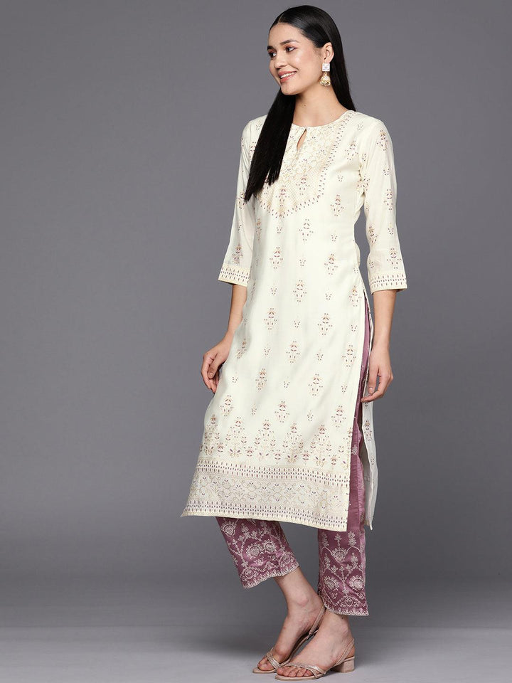 Cream Printed Chanderi Silk Straight Suit Set With Trousers - ShopLibas