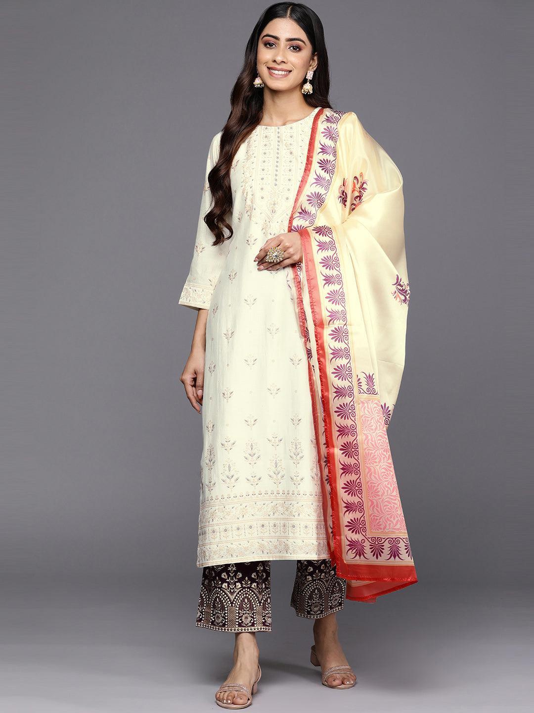 Cream Printed Chanderi Silk Straight Suit Set With Trousers