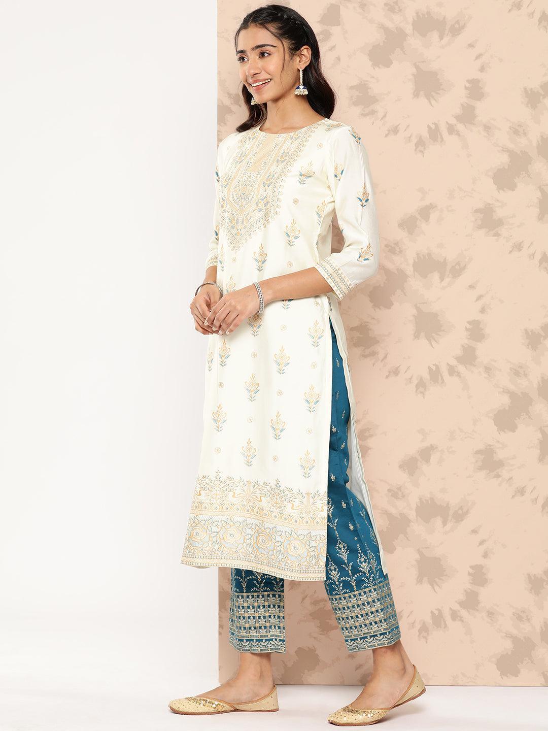 Cream Printed Chanderi Silk Straight Kurta With Trousers and Dupatta