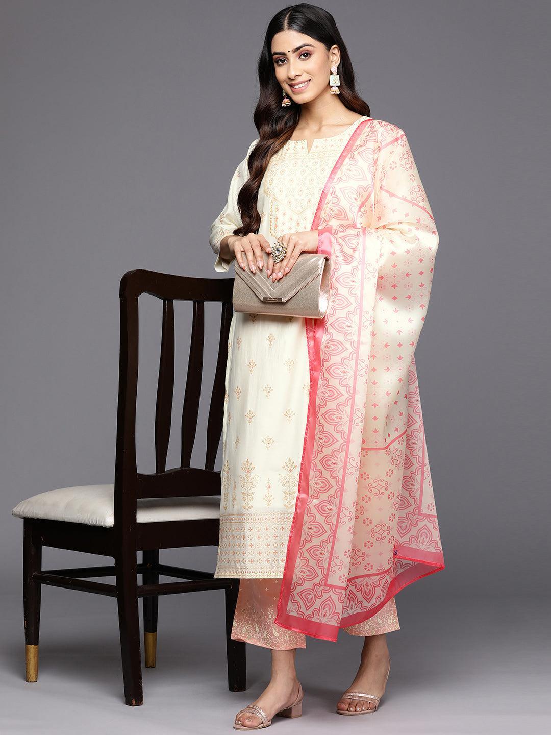 Cream Printed Chanderi Silk Straight Suit Set With Trousers